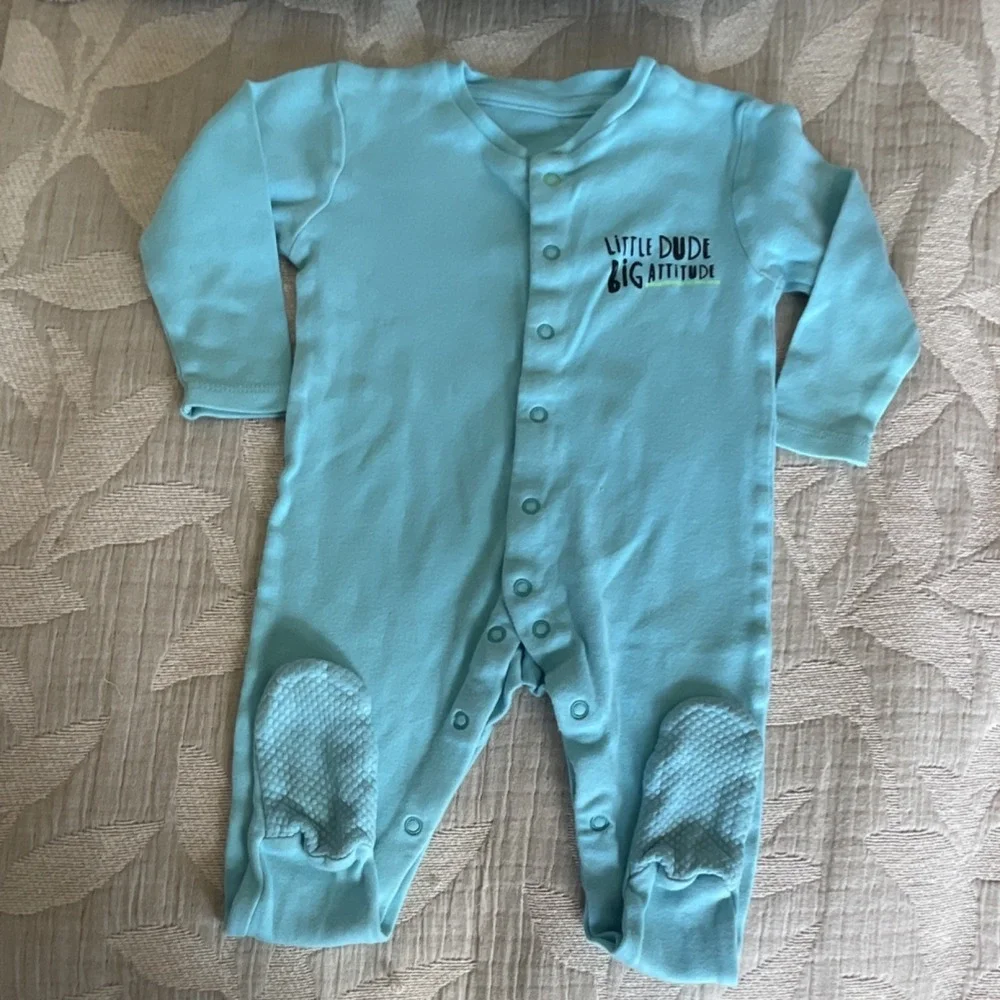 Primark Cotton Knit One-Piece Coverall Long Sleeve Snap Slogan 9-12M Blue